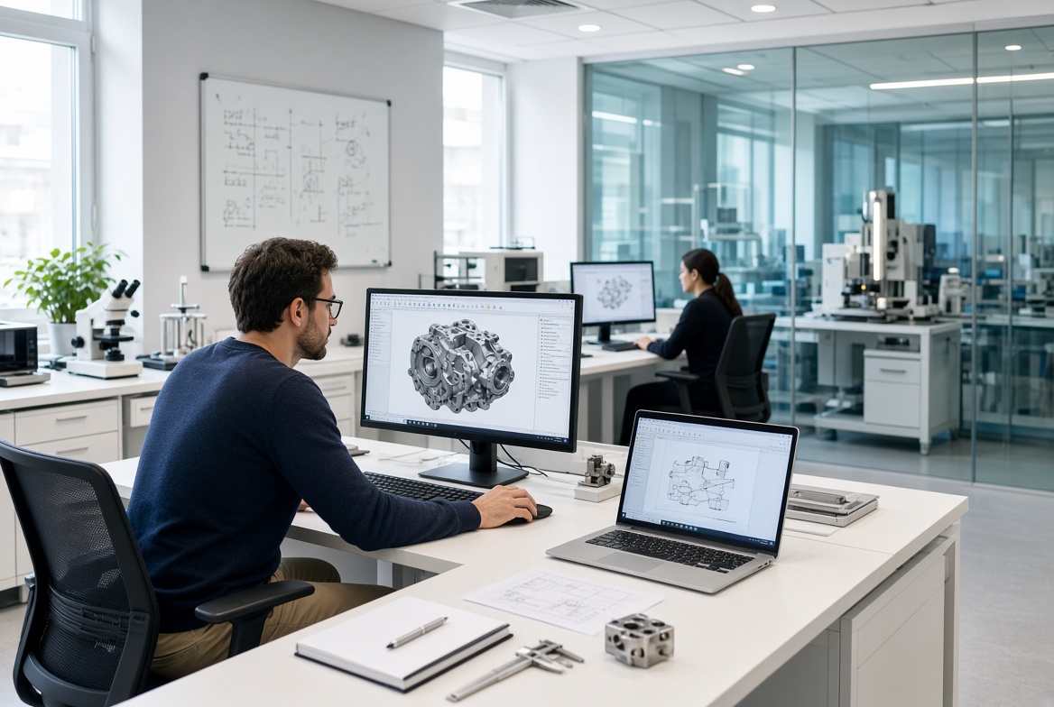 Engineers developing a product in a light lab