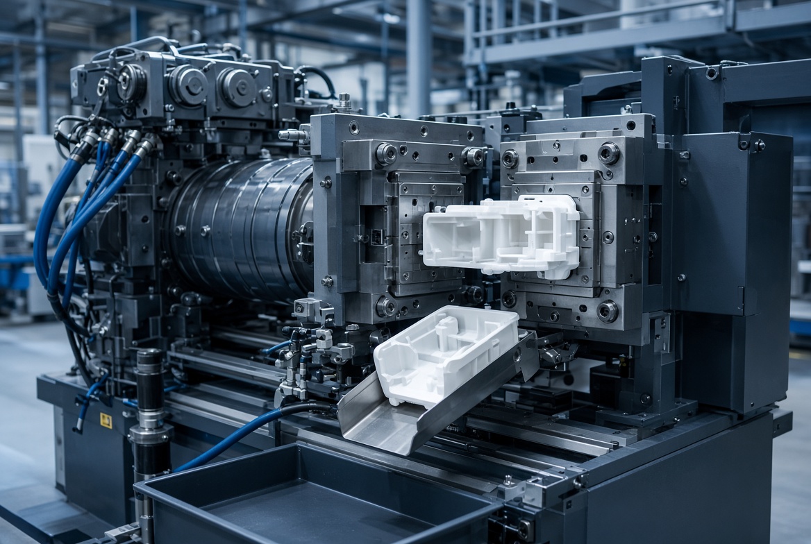 Injection molding press producing plastic housings